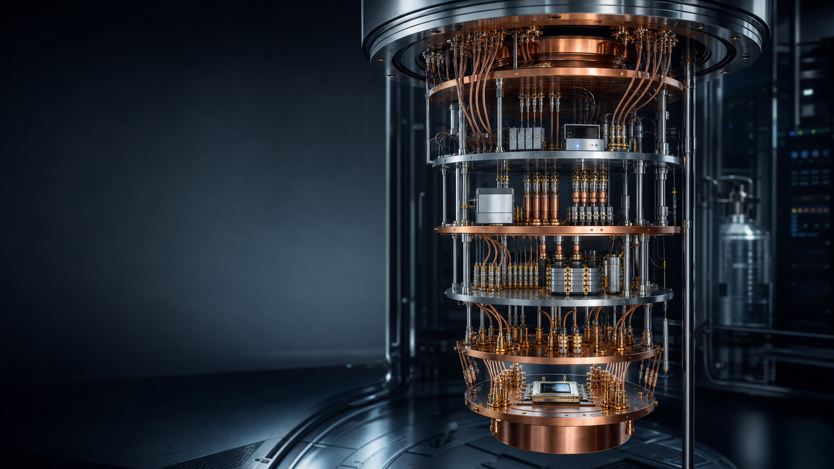 QCRY visual identity built around a quantum cryogenic cooling stack with copper stages and dark instrument-like styling.
