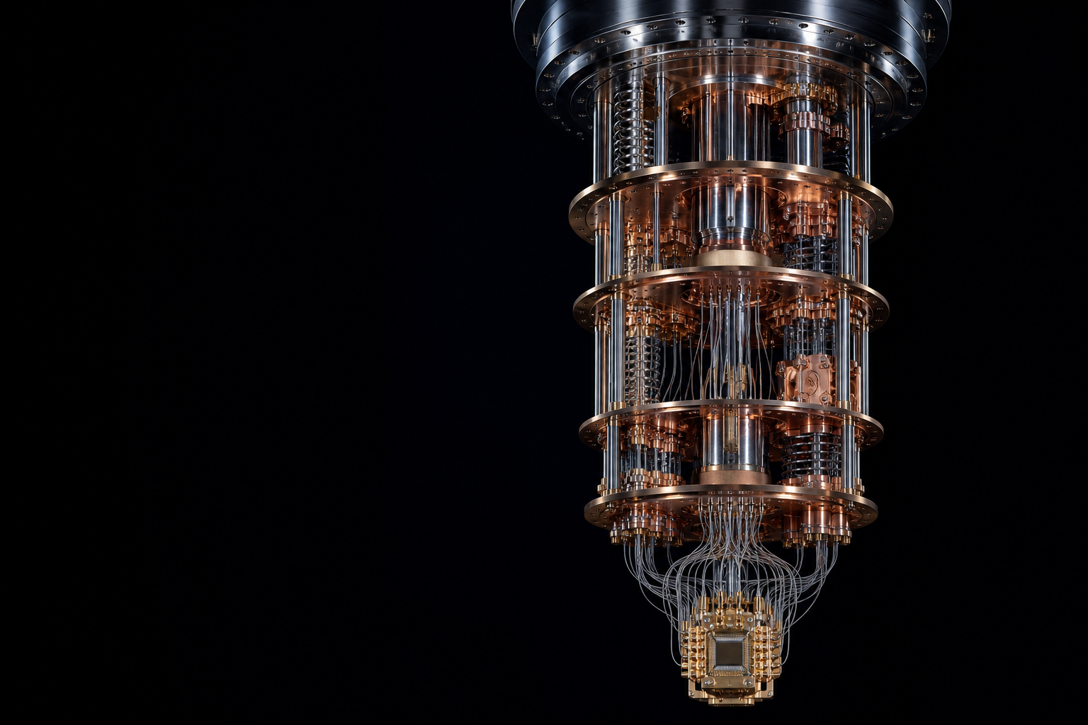 A quantum cryogenic dilution refrigerator cooling stack in a dark laboratory setting